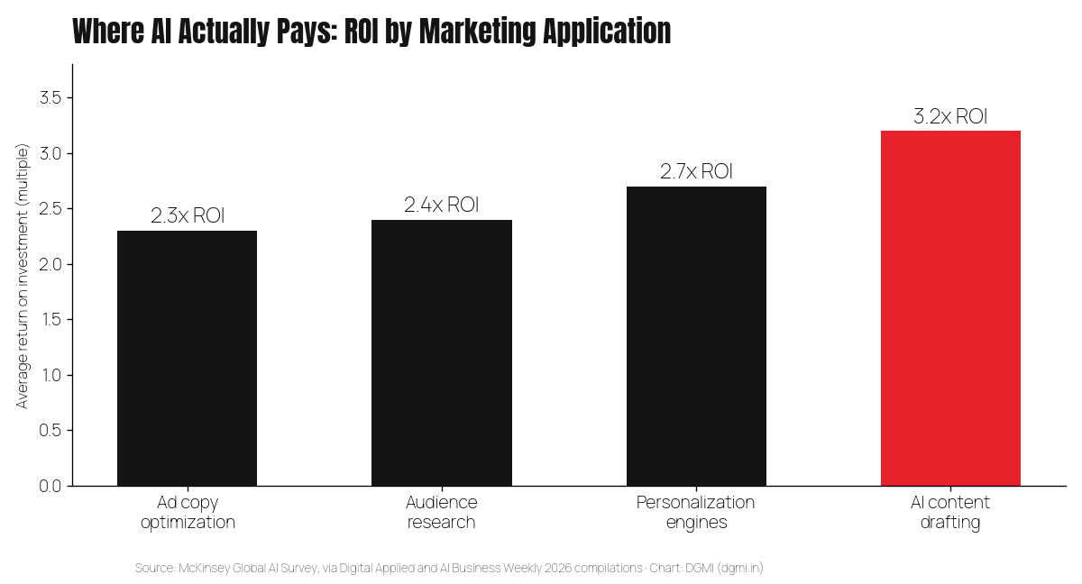 Bar chart of McKinsey data on AI marketing ROI by application: ad copy optimization 2.3x, audience research 2.4x, personalization engines 2.7x, and AI content drafting 3.2x return on investment