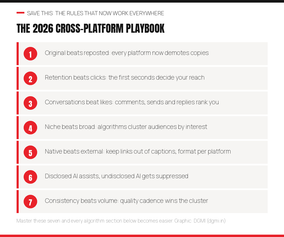 The 2026 cross-platform playbook graphic listing seven universal rules: original beats reposted, retention beats clicks, conversations beat likes, niche beats broad, native beats external, disclosed AI assists while undisclosed AI gets suppressed, and consistency beats volume