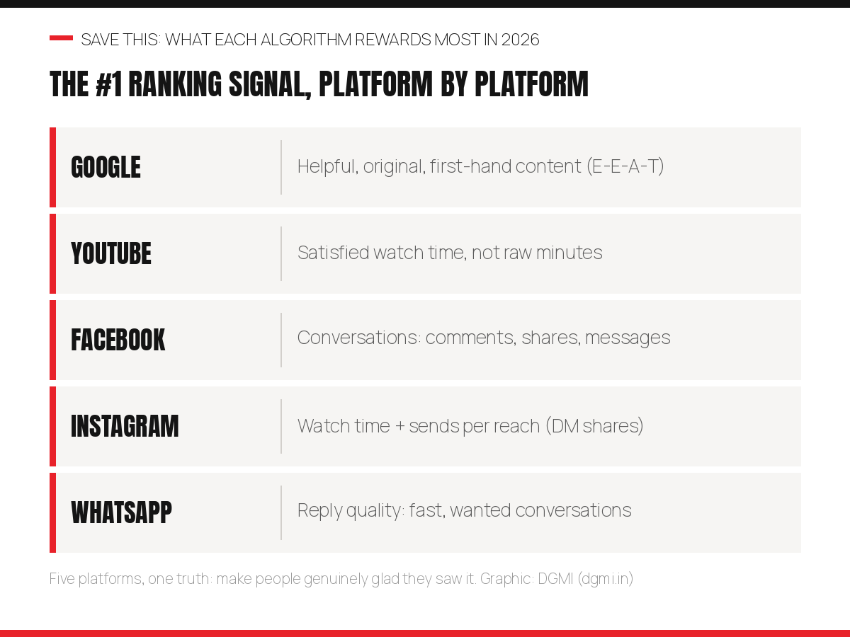 Table of the number one ranking signal per platform in 2026: Google rewards helpful original first-hand content, YouTube rewards satisfied watch time, Facebook rewards conversations, Instagram rewards watch time and DM sends per reach, WhatsApp rewards fast wanted reply-generating conversations