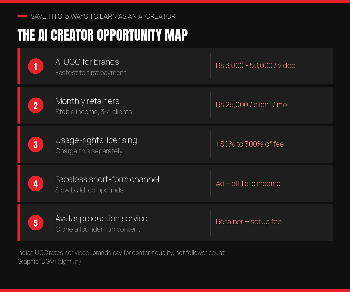 Five ways to earn as an AI creator: AI UGC for brands at 3000 to 50000 rupees per video, monthly retainers around 25000 rupees per client, usage-rights licensing adding 50 to 300 percent of the base fee, faceless short-form channels earning ad and affiliate income, and avatar production services charging a retainer plus setup fee