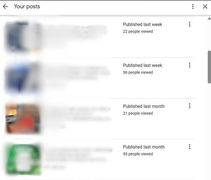 Screenshot of the Google Business Profile Your posts panel showing view counts under each post, such as 22 people viewed and 56 people viewed, next to the published date